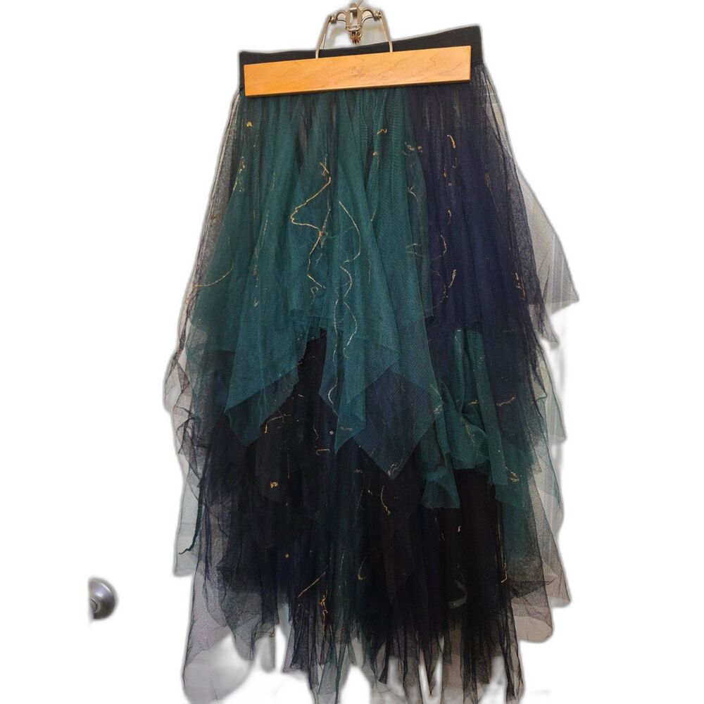 Teal Navy Black Layered Tulle Fairy Skirt Gold Paint High-Low Asymmetric Maxi